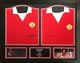 BOBBY CHARLTON & DENIS LAW 2 SIGNED MANCHESTER UNITED SHIRTS in 1 FRAME & PROOF