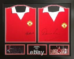 BOBBY CHARLTON & DENIS LAW 2 SIGNED MANCHESTER UNITED SHIRTS in 1 FRAME & PROOF