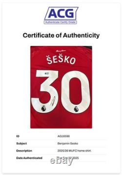 Benjamin Sesko Signed Manchester United 2025/26 Home Shirt (acg Cert Ag16598)