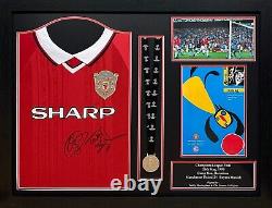 Framed Solskjaer & Sheringham Signed Manchester United Treble 99 Shirt Proof Coa