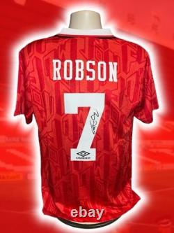 Hand Signed BRYAN ROBSON Manchester United Retro Home Shirt Proof