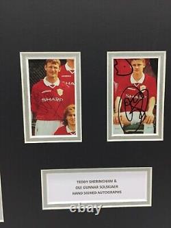 RARE Sheringham Solskjaer Manchester United 1999 Signed Photo Display + COA