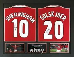 SHERINGHAM & SOLSKJAER 2 SIGNED MANCHESTER UNITED SHIRTS in 1 FRAME COA & PROOF