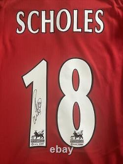Signed PAUL SCHOLES MANCHESTER UNITED SHIRT 1999 Shirt PROOF Man Utd 99 Treble
