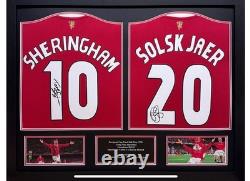 Solskjaer & Sheringham Hand Signed Shirts Duel Framed Manchester United COA